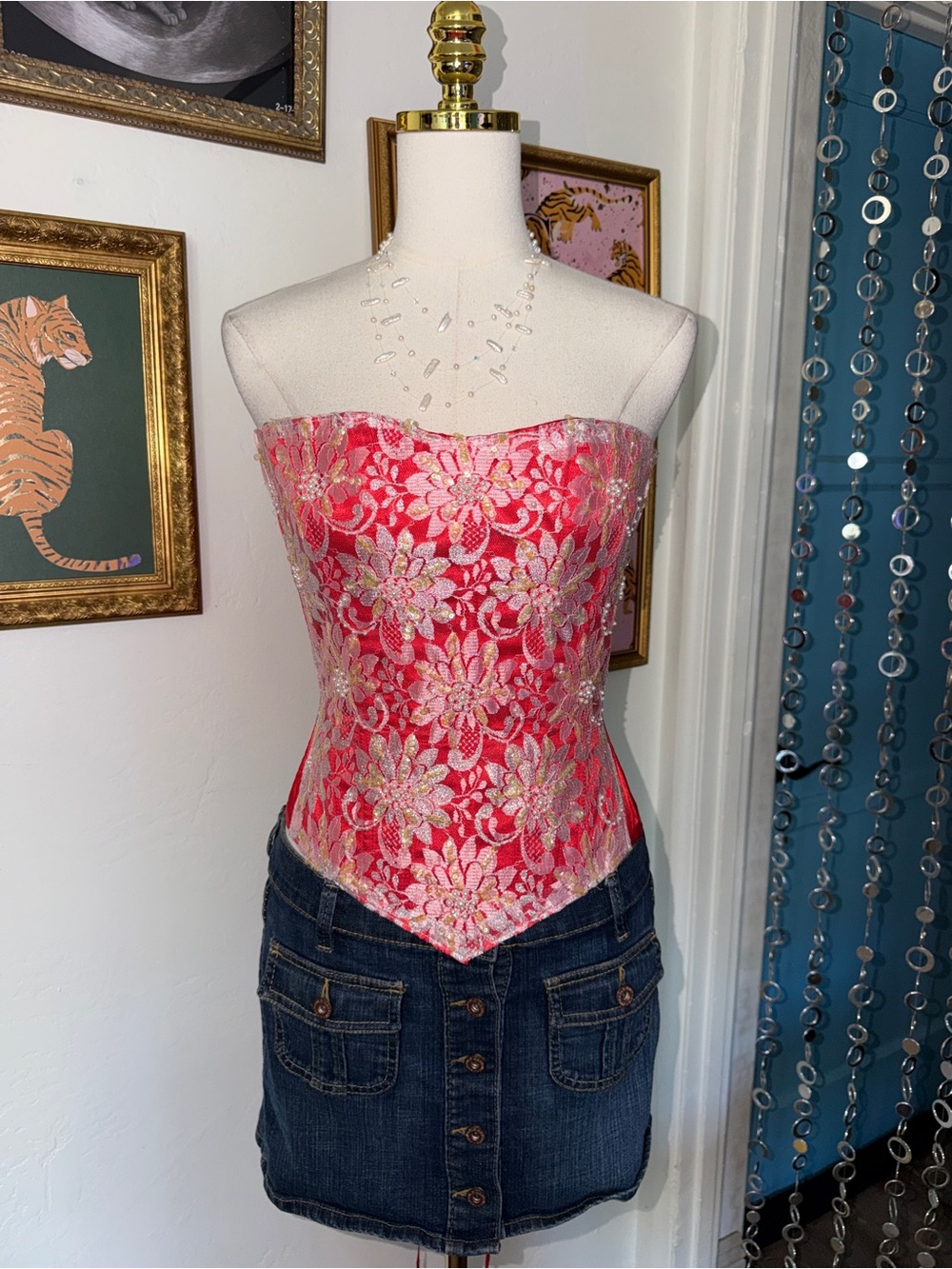 Vintage Y2K Red Floral Brocade Strapless Corset Top